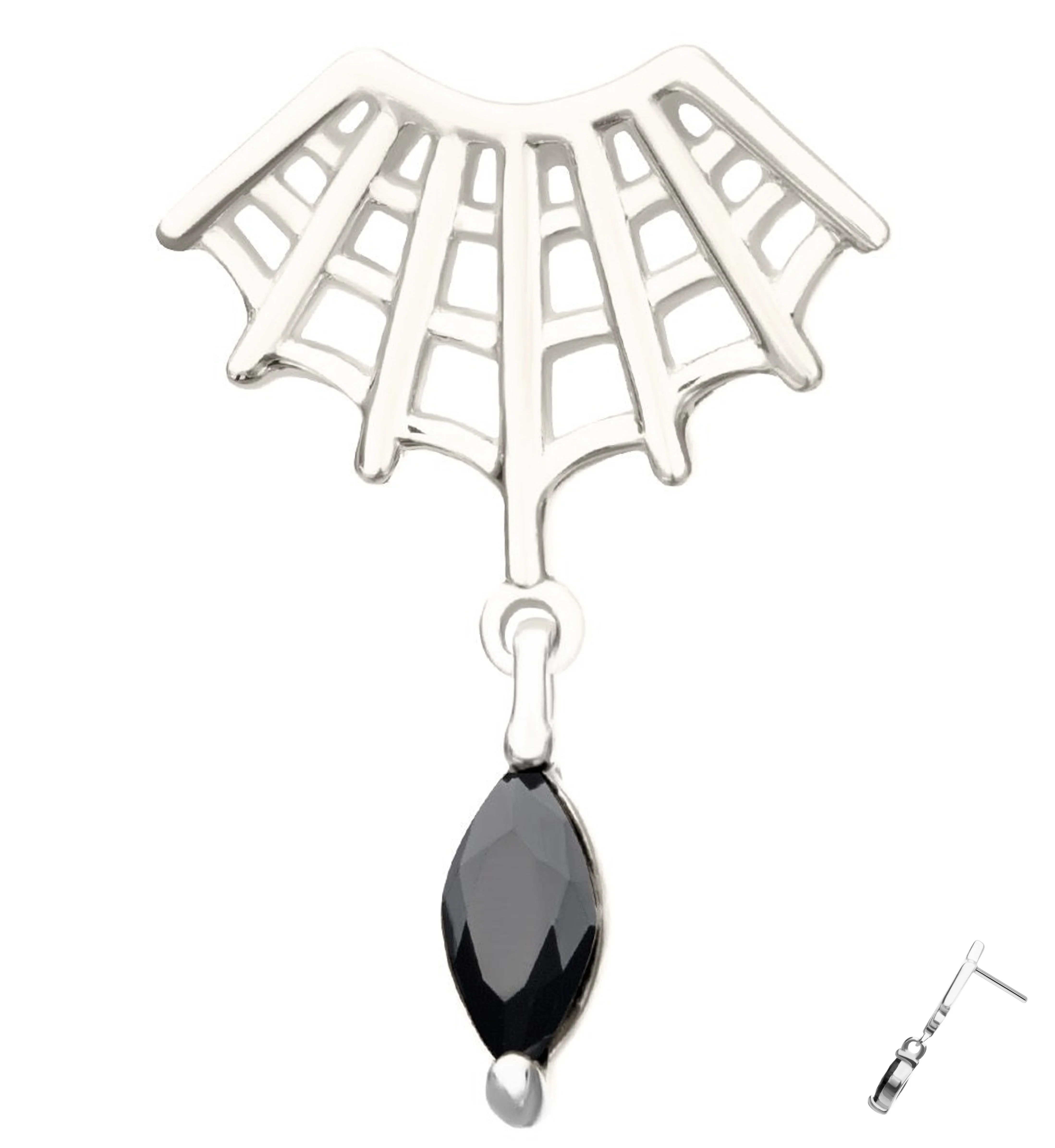 14kt White Gold Corner Spiderweb Black CZ Threadless Top - Mrs Treak