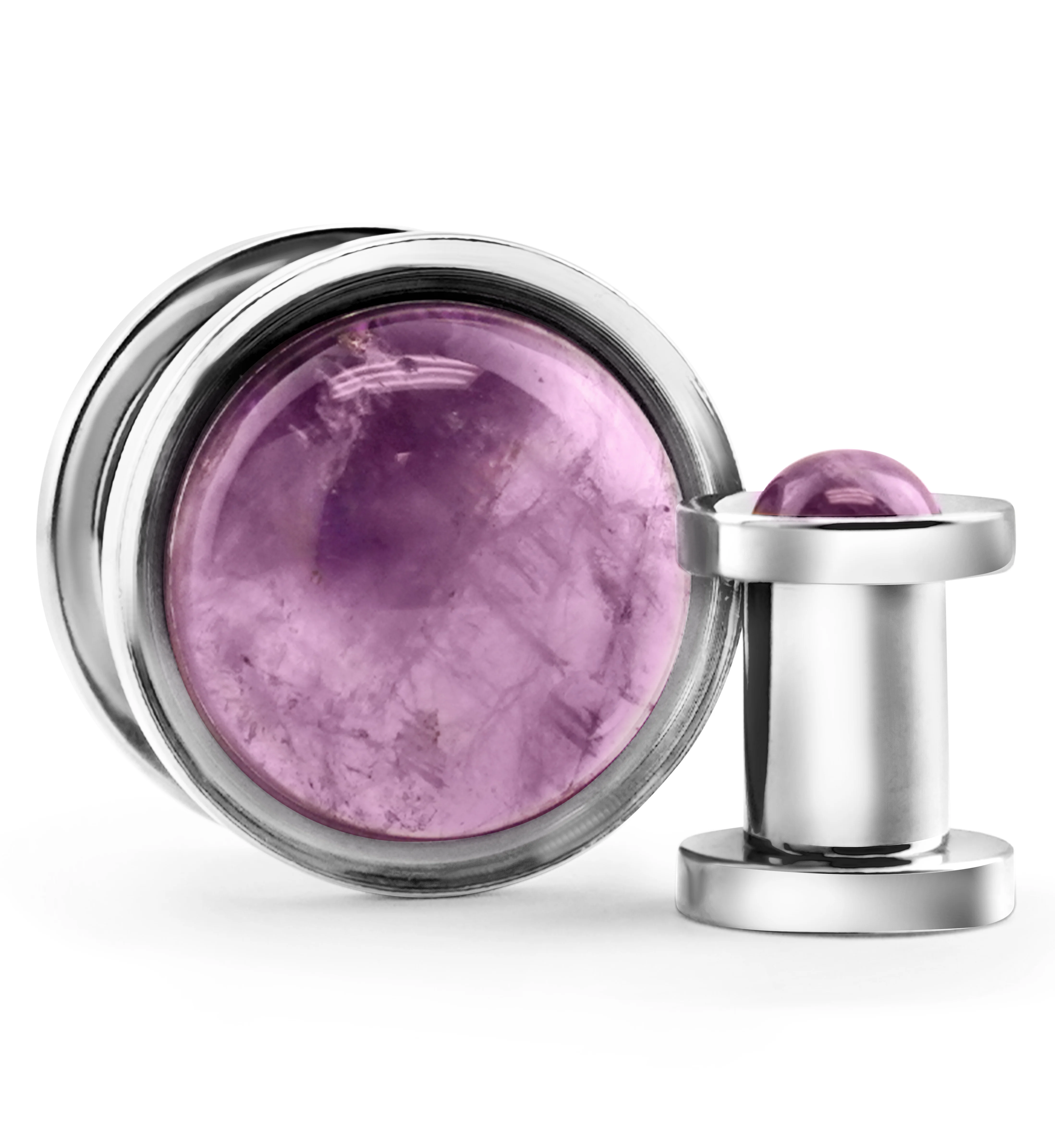 Cabochon Amethyst Stainless Steel Screw Back Tunnel Plugs - Mrs Treak