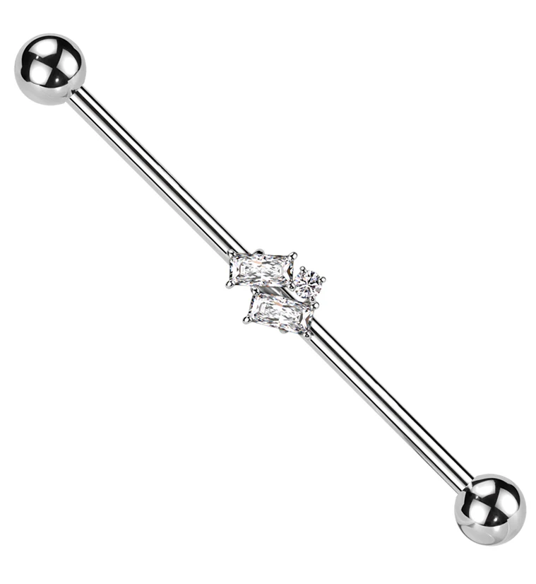 Double Slanted Baguette Clear CZ Stainless Steel Industrial Barbell - Mrs Treak