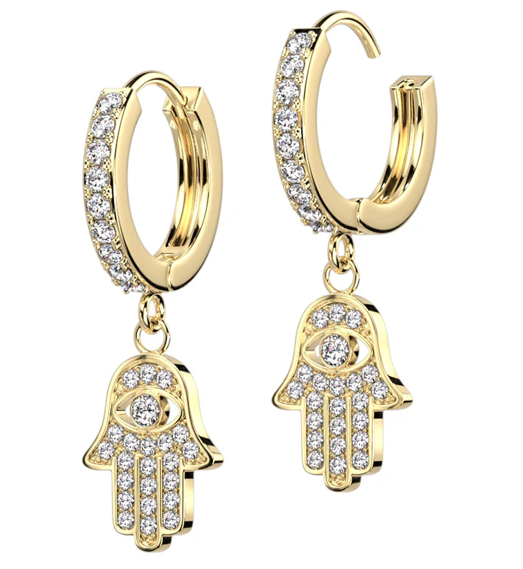 Gold PVD Hamsa Hand CZ Stainless Steel Hoop Earrings - Mrs Treak