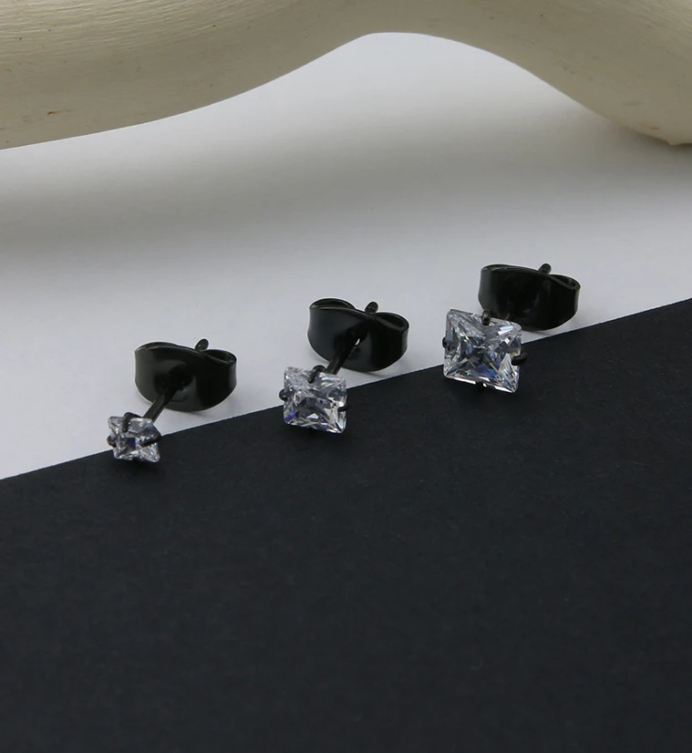 Black PVD Square Prong CZ Titanium Earrings - Mrs Treak
