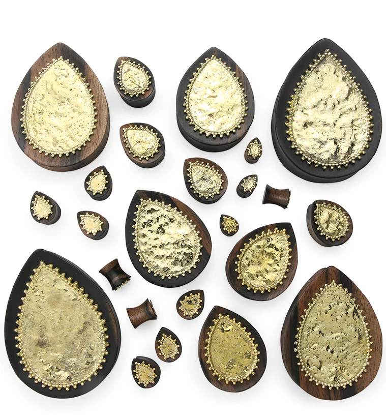 Doily Brass Inlay Areng Wood Teardrop Plugs - Mrs Treak