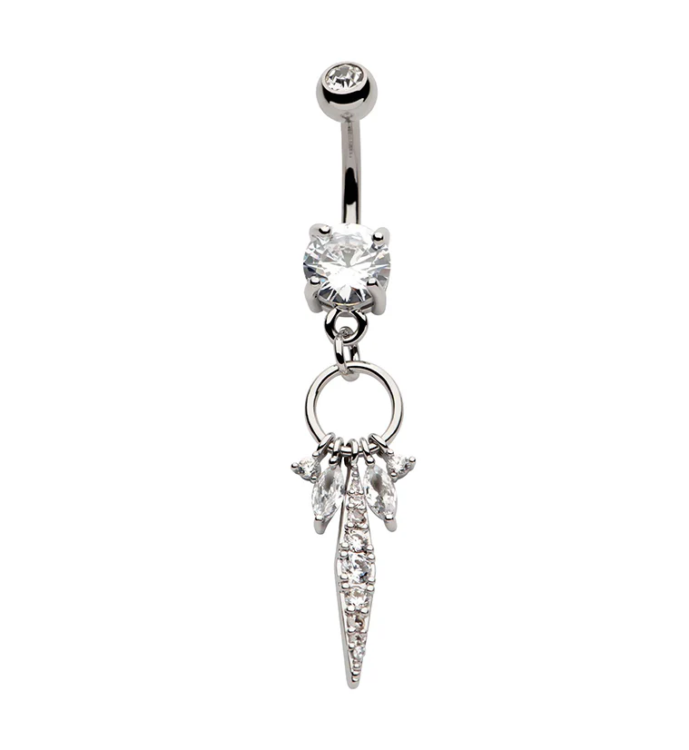 Dangle Charms Long Clear CZ Stainless Steel Belly Button Ring - Mrs Treak