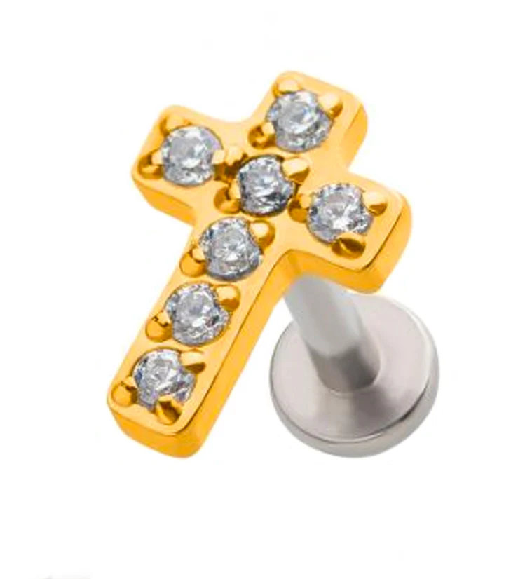 Gold PVD Cross Prong Set CZ Labret Post - Mrs Treak