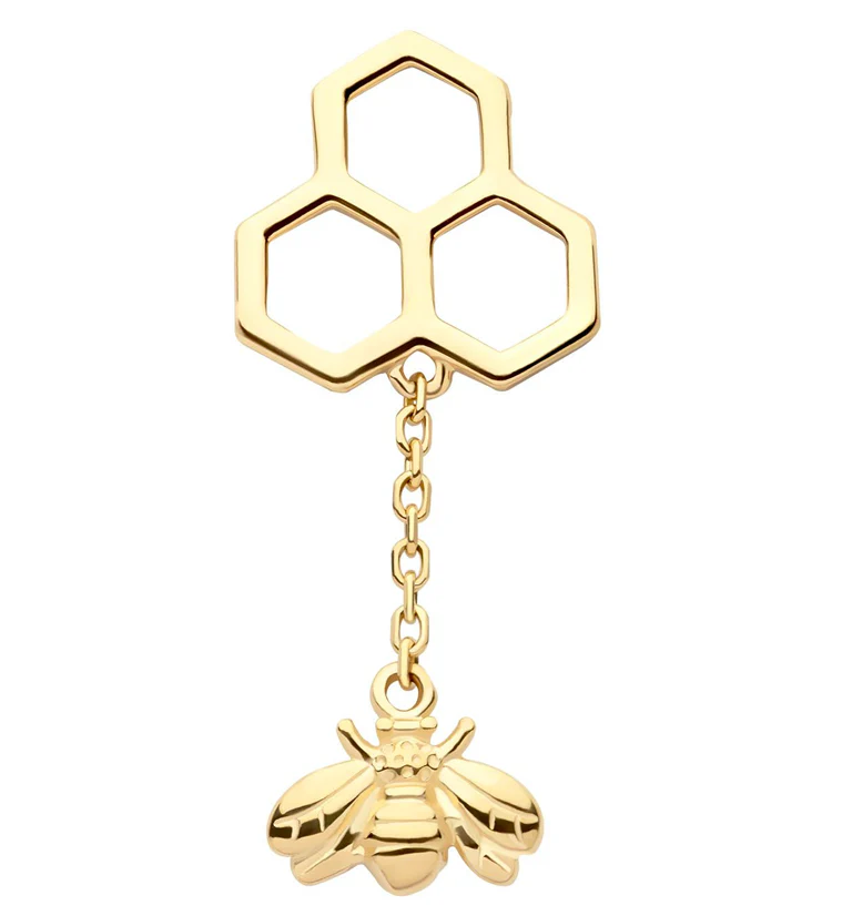 14kt Gold Honeycomb Dangle Bee Threadless Top - Mrs Treak