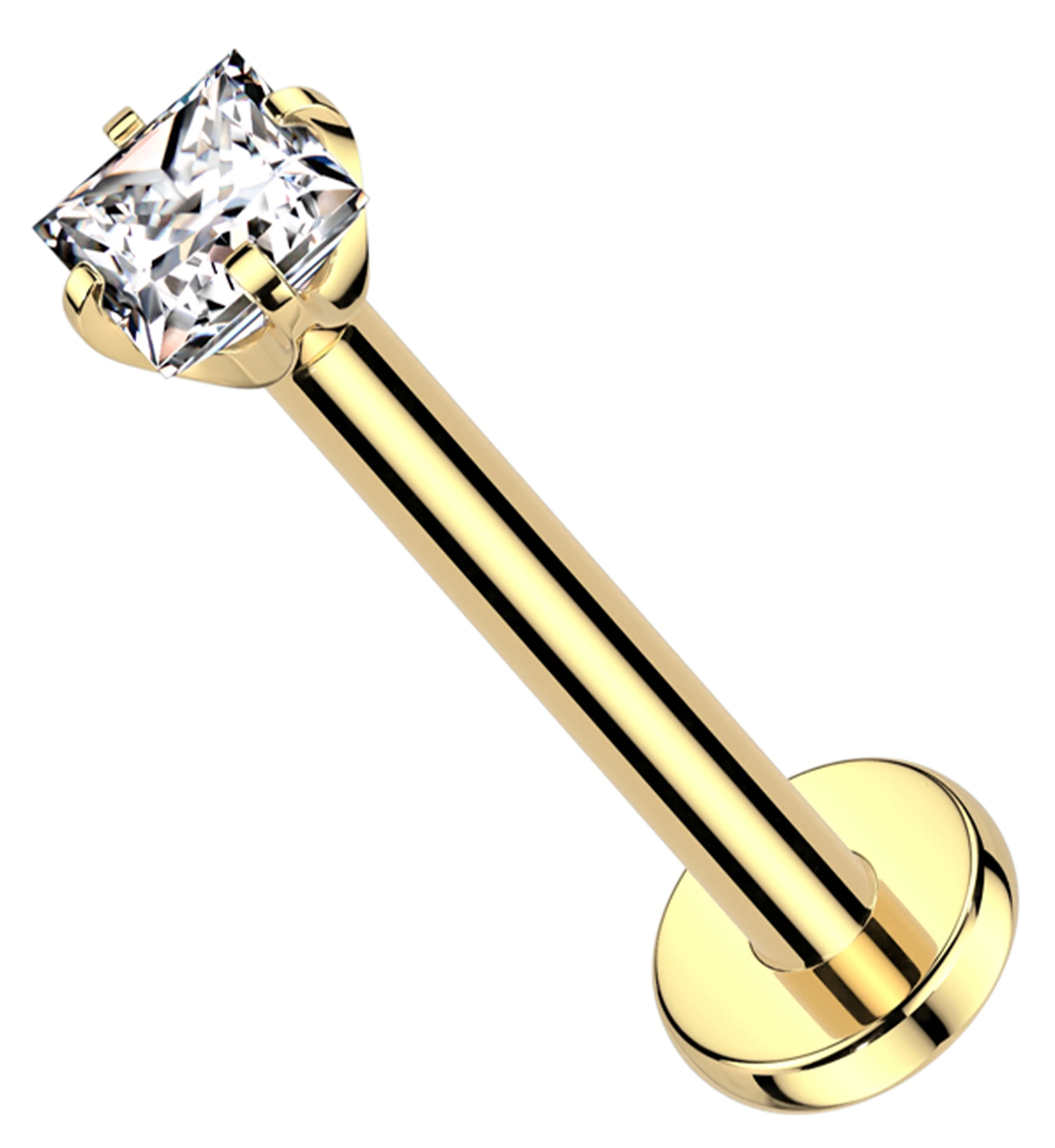 Gold PVD Square Prong Clear CZ Titanium Threadless Labret - Mrs Treak