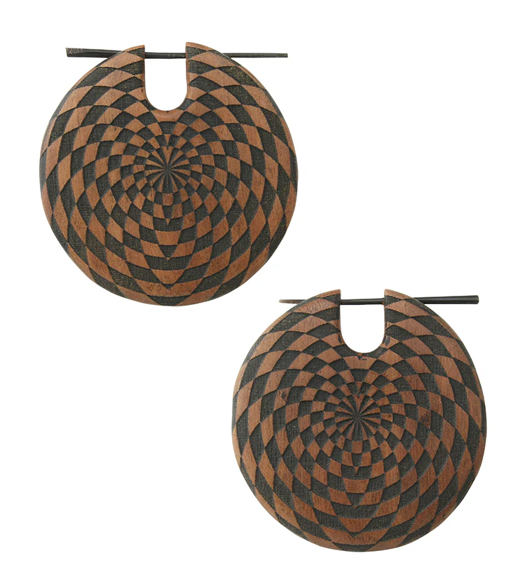 Checker Saba Wood Disk Earrings - Mrs Treak