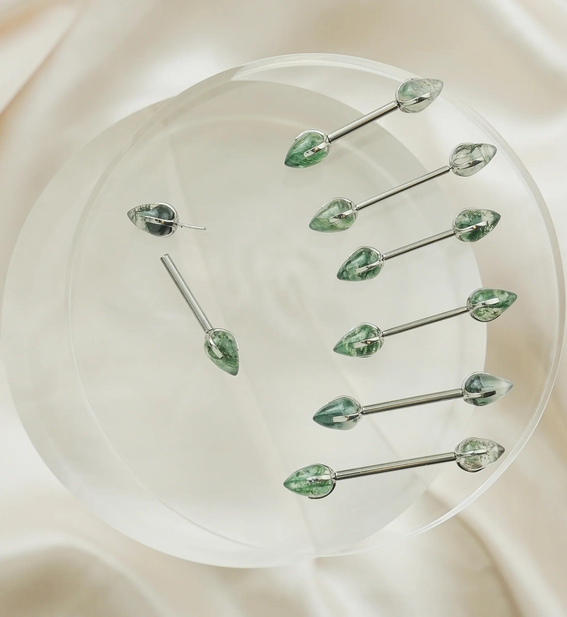 Point Moss Agate Stone Threadless Titanium Nipple Barbell - Mrs Treak