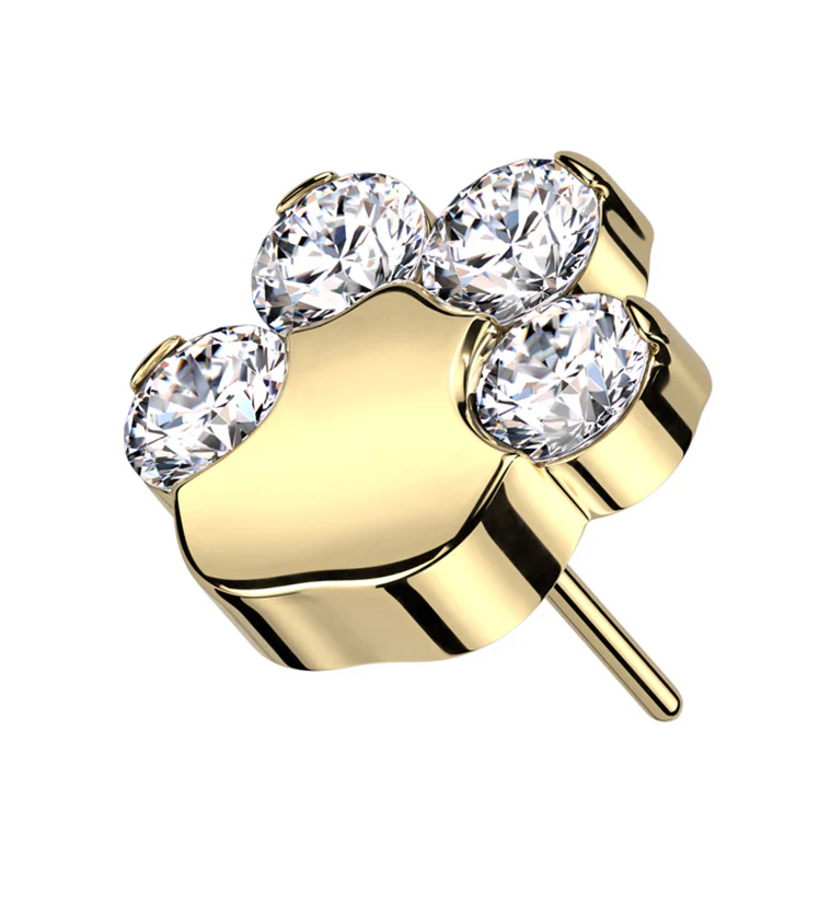Gold PVD Paw Print Clear CZ Titanium Threadless Top - Mrs Treak