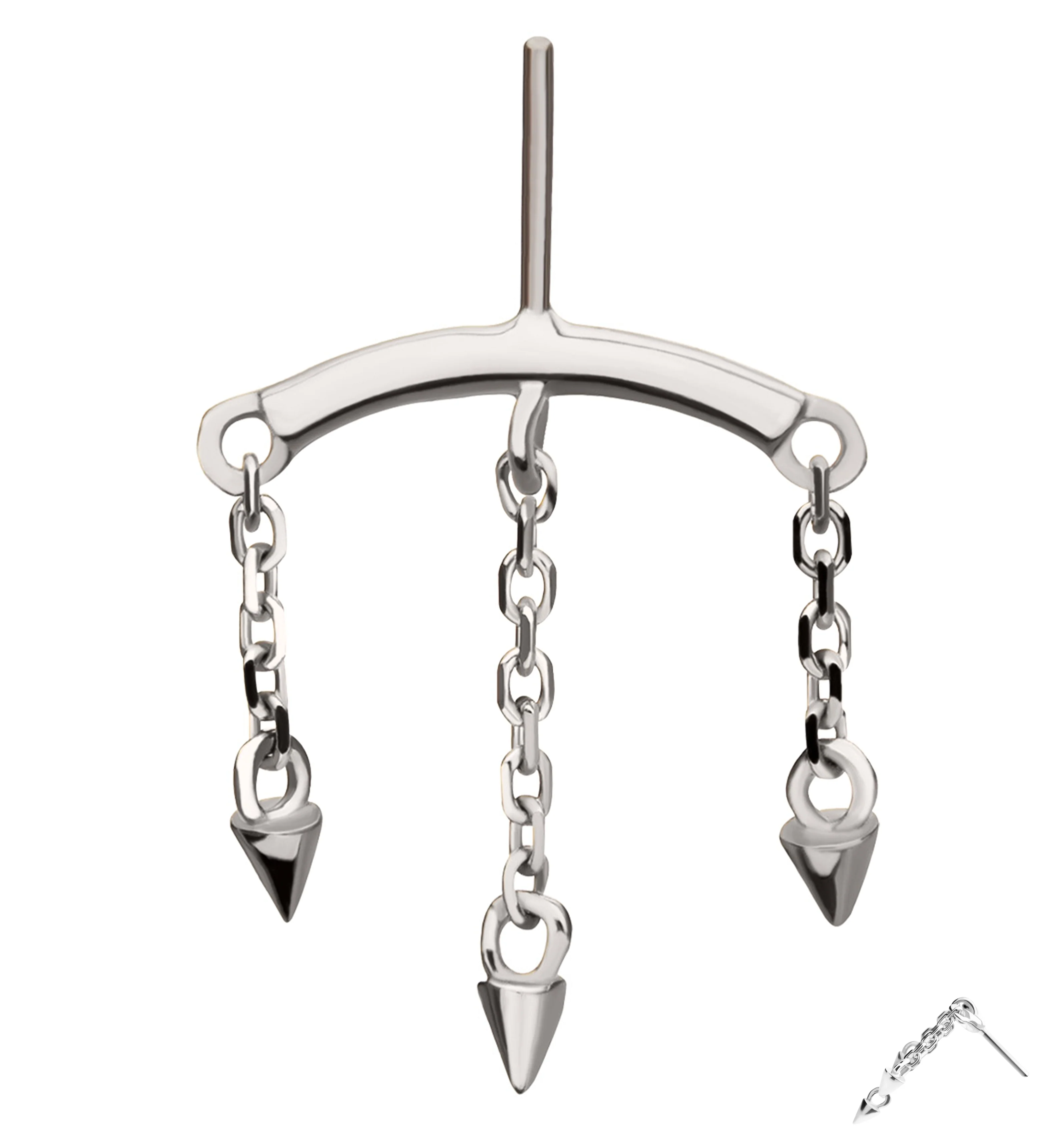 14kt White Gold Hidden Curved Bar Triple Spike Dangle Threadless Top - Mrs Treak