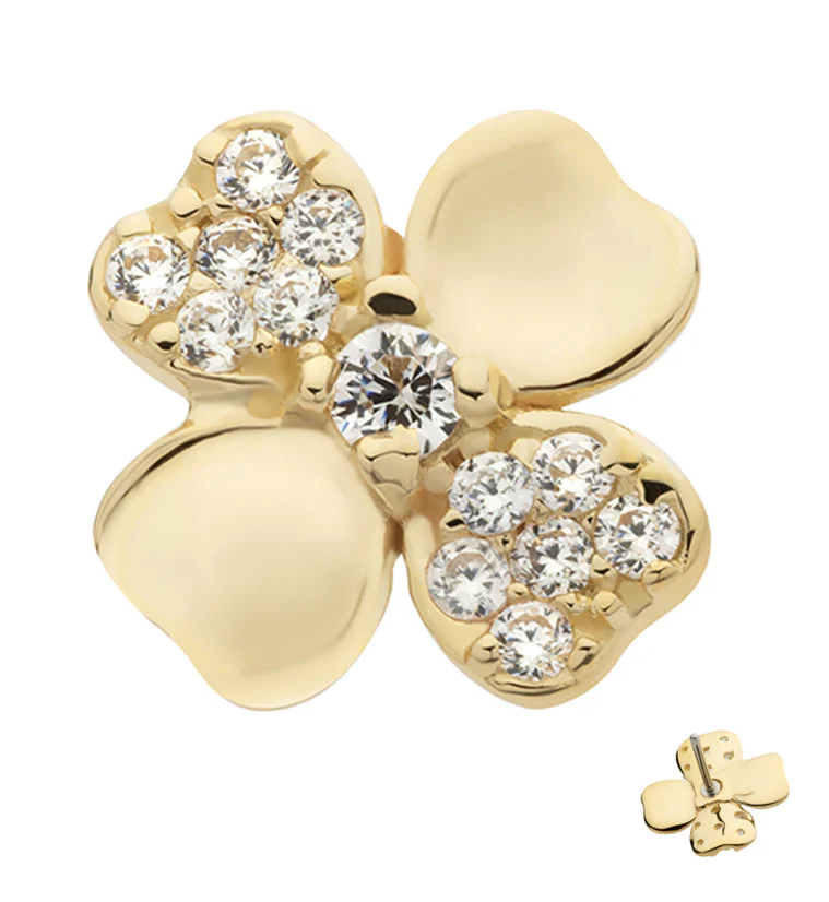14kt Gold Four Leaf Clover Alternate Pave Clear CZ Threadless Top - Mrs Treak