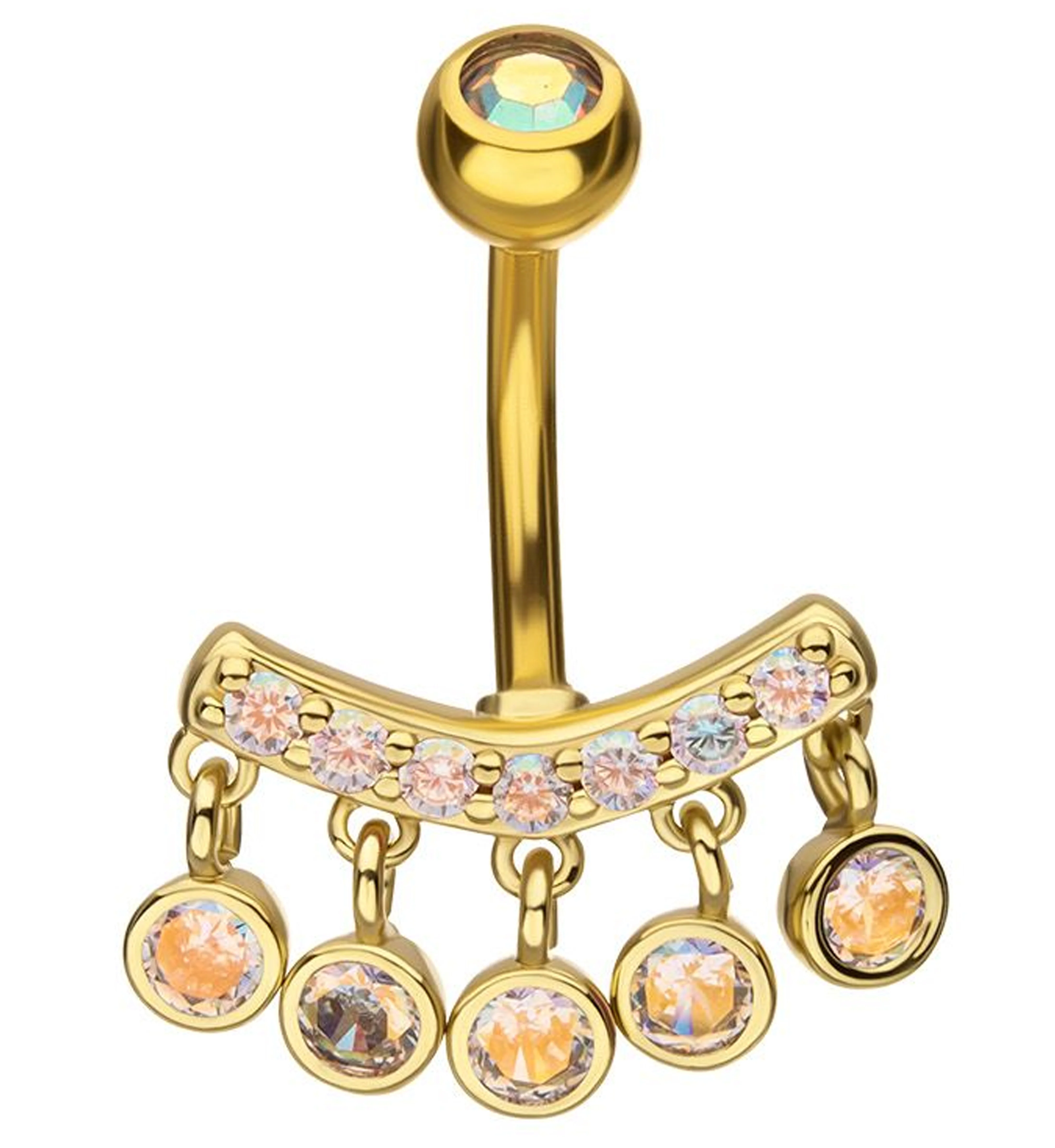 Gold PVD Curve Quinate Rainbow Aurora CZ Dangle Stainless Steel Belly Button Ring - Mrs Treak