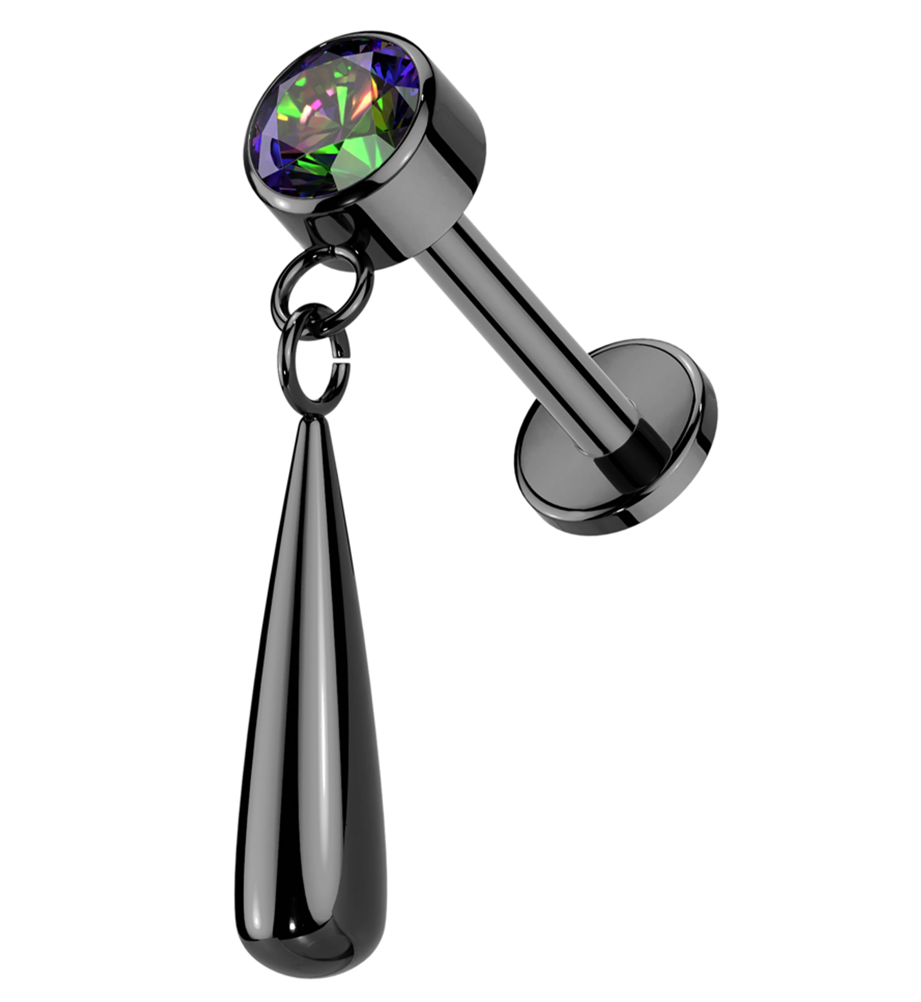 Black PVD Black Aurora CZ Dangle Teardrop Internally Threaded Titanium Labret - Mrs Treak