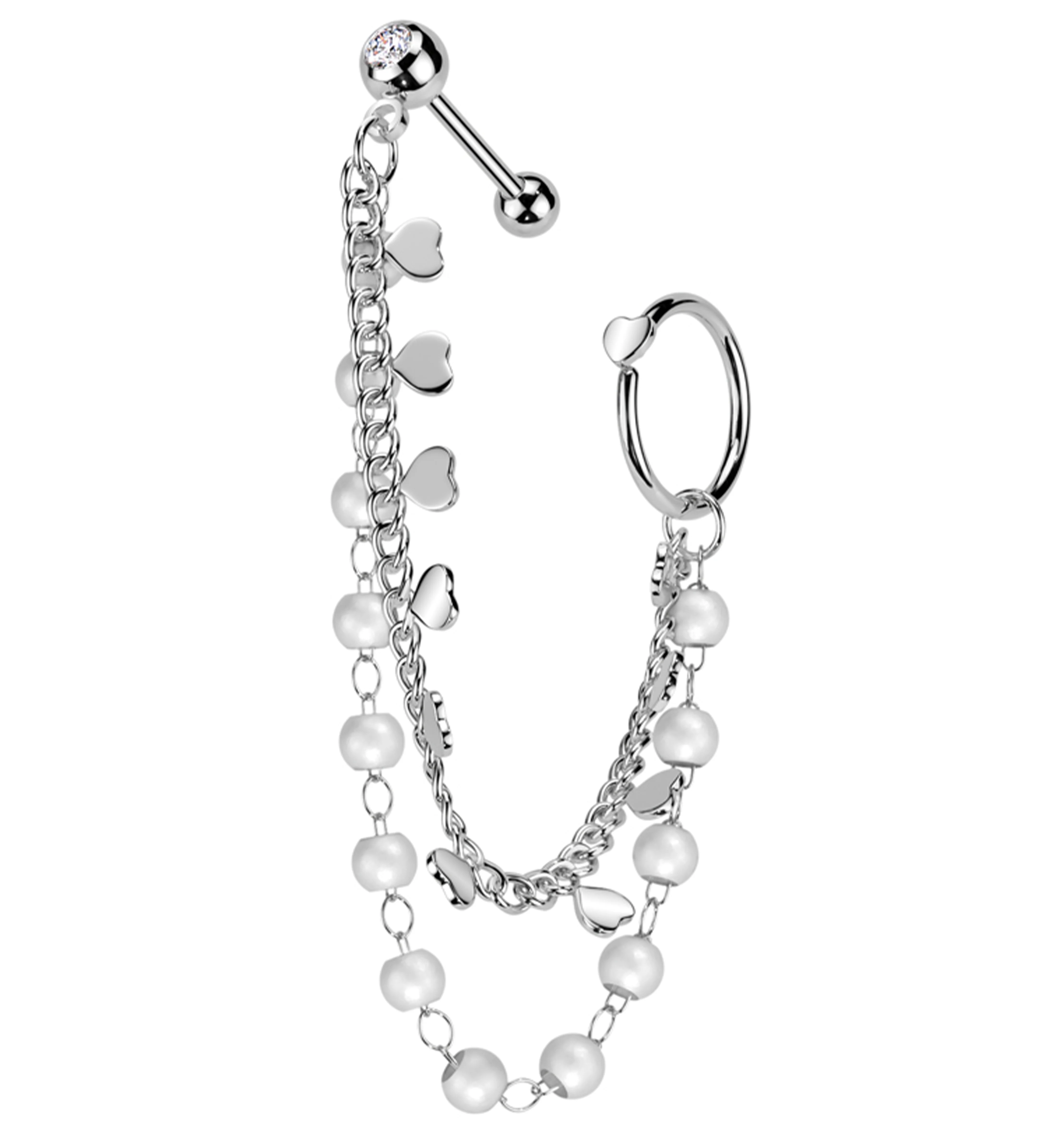 Hoop/Barbell Clear CZ Pearl And Heart Dual Piercing Chain - Mrs Treak