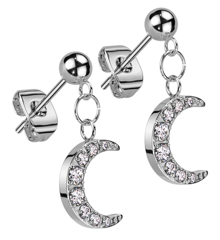 Crescent Moon CZ Dangle Stainless Steel Stud Earrings - Mrs Treak