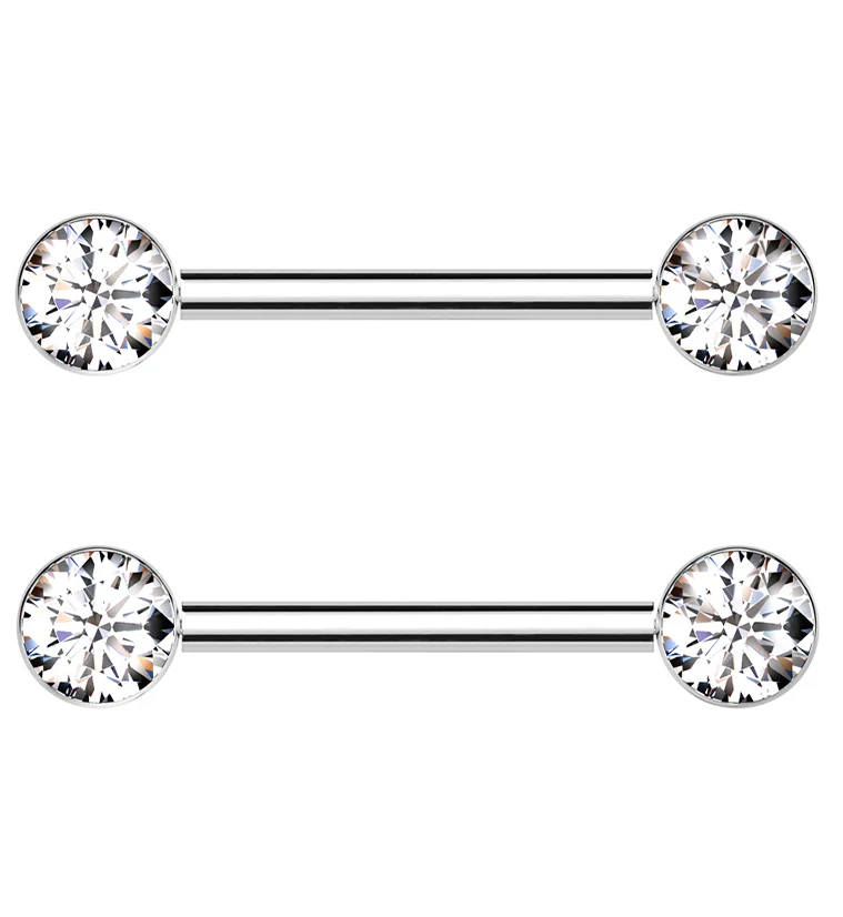 Bezel Clear CZ Threadless Titanium Nipple Barbells - Mrs Treak