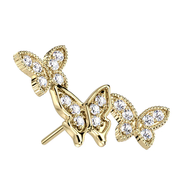 14kt Gold Triple Butterfly CZ Threadless Top - Mrs Treak