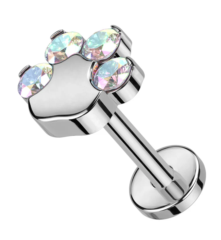 Paw Print Rainbow Aurora CZ Titanium Threadless Labret - Mrs Treak
