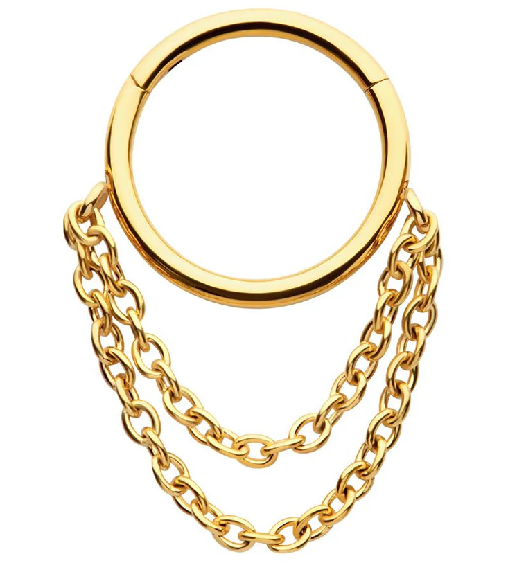 Gold PVD Double Dangle Chain Stainless Steel Hinged Segment Ring - Mrs Treak