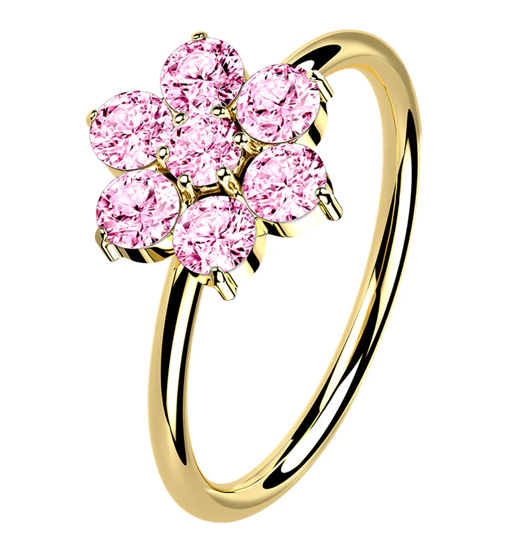 14kt Gold Pink CZ Gem Flower Hoop Ring - Mrs Treak