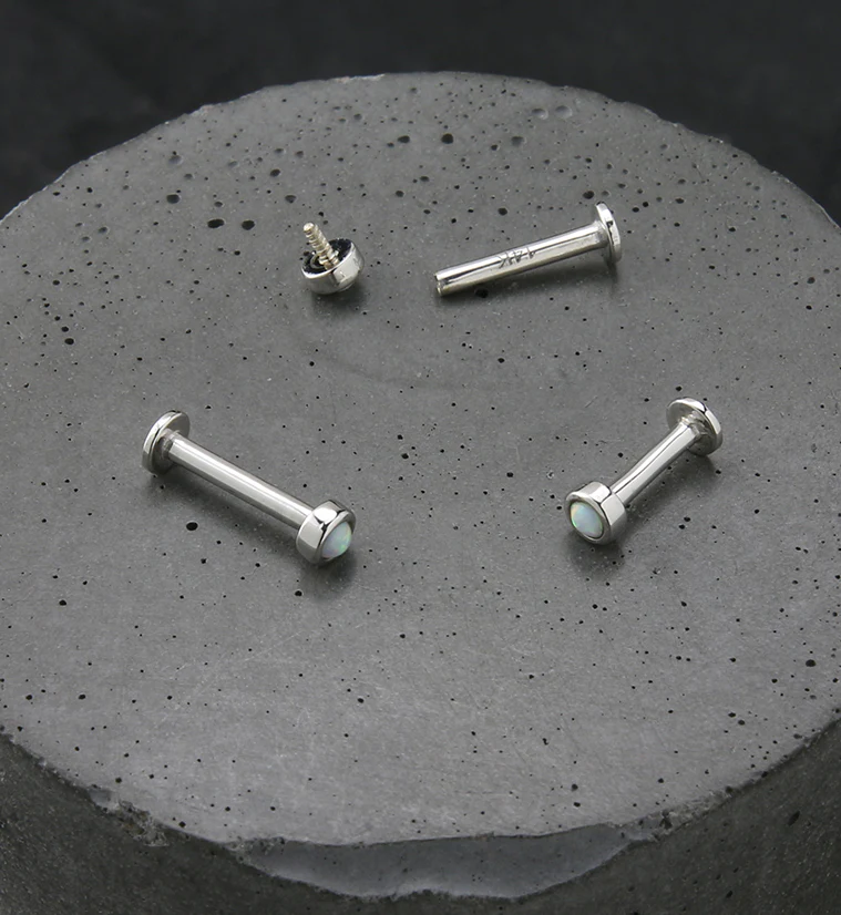 14kt White Gold Bezel White Opalite Internally Threaded Labret - Mrs Treak