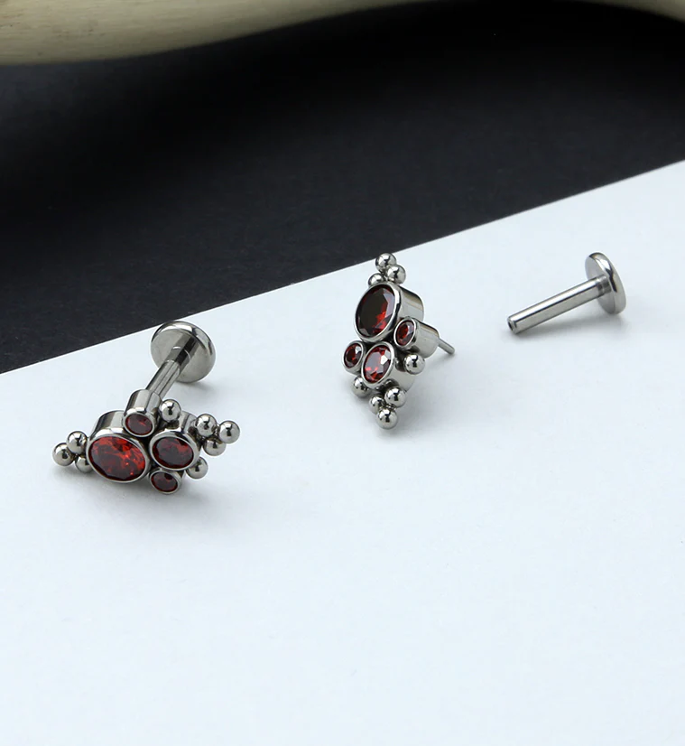 16G Beaded Array Red CZ Titanium Threadless Labret - Mrs Treak