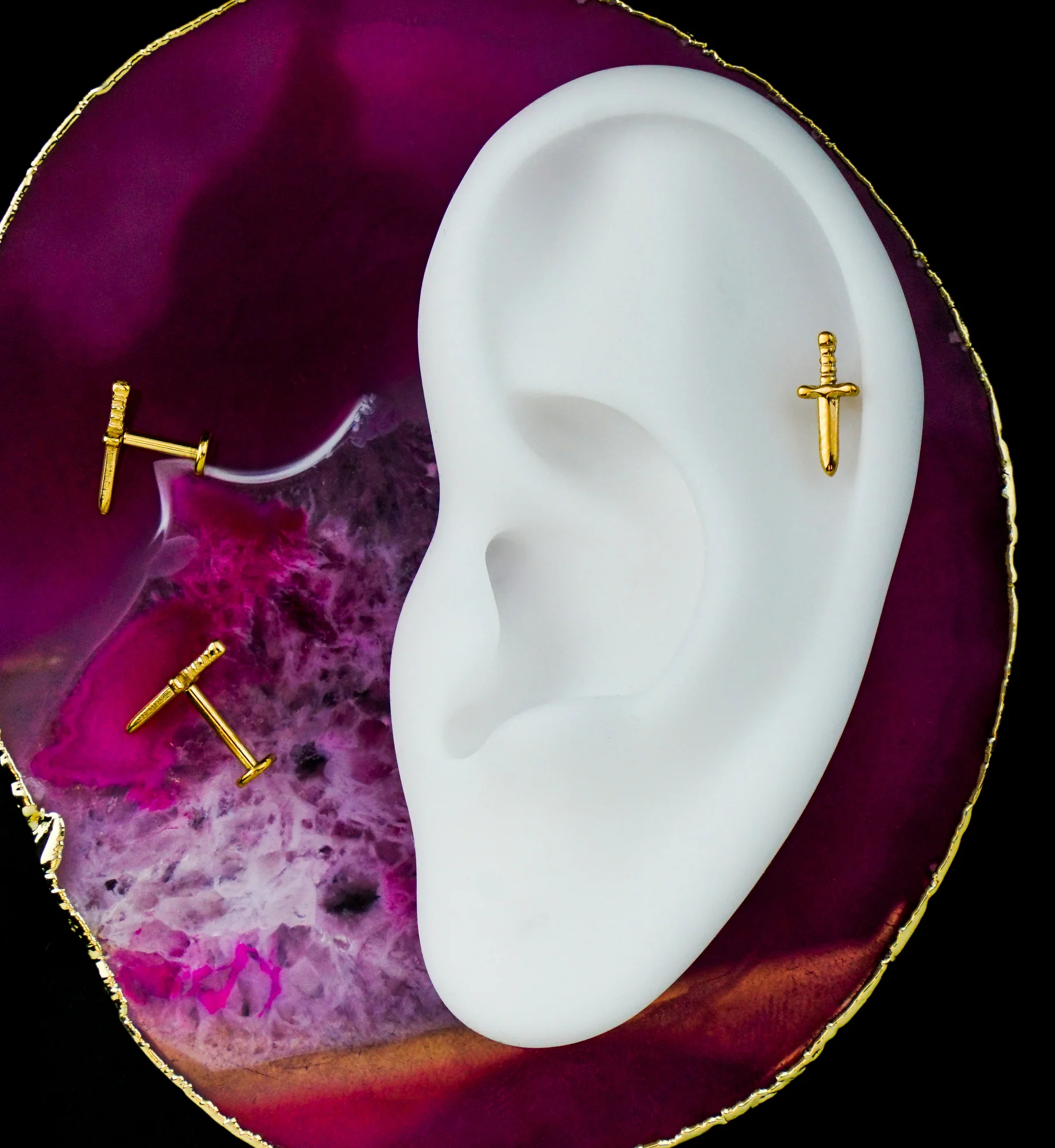 Gold PVD Twisted Handle Dagger Internally Threaded Titanium Labret - Mrs Treak