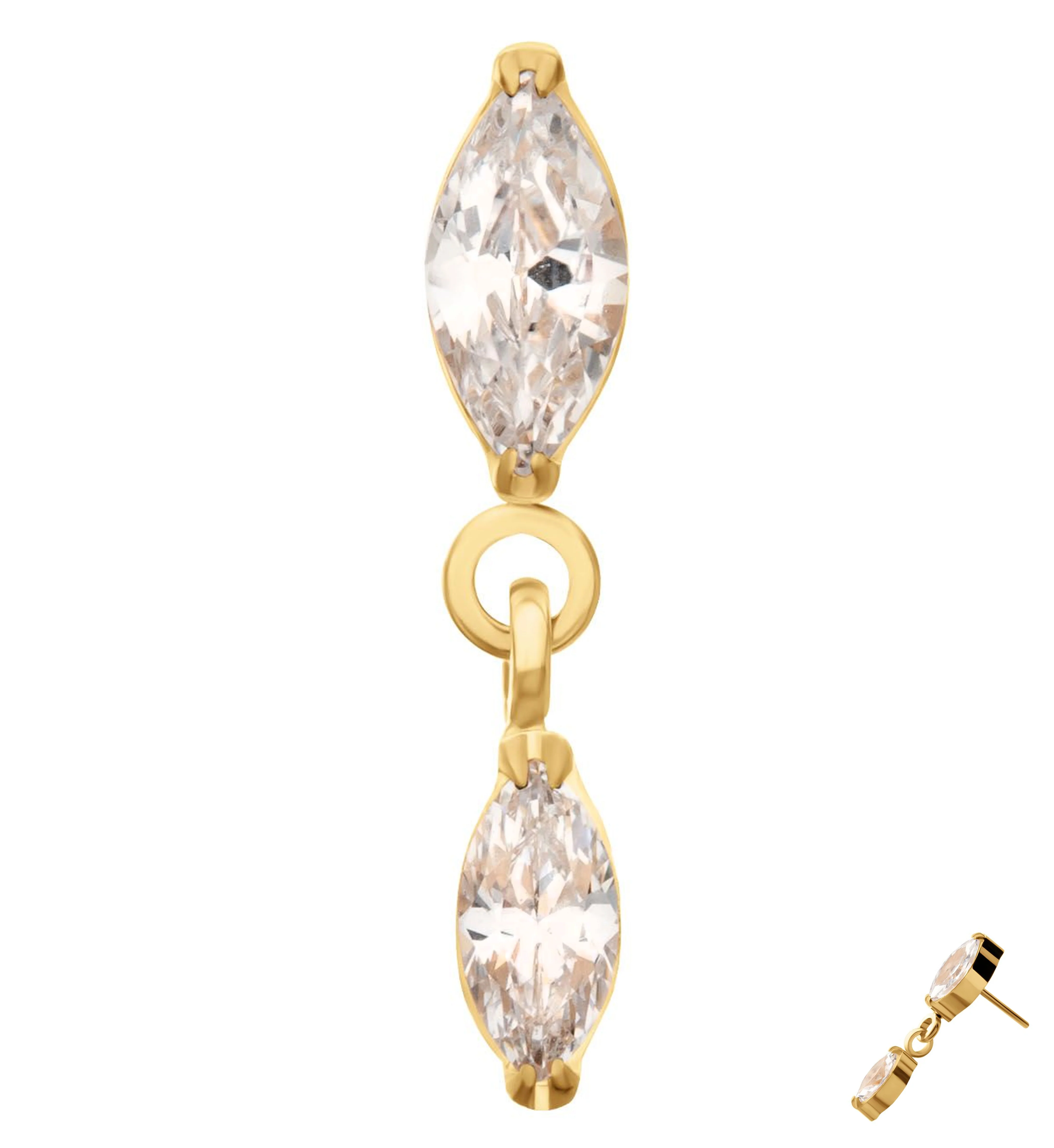 24kt Gold PVD Double Marquise Clear CZ Dangle Titanium Threadless Top - Mrs Treak