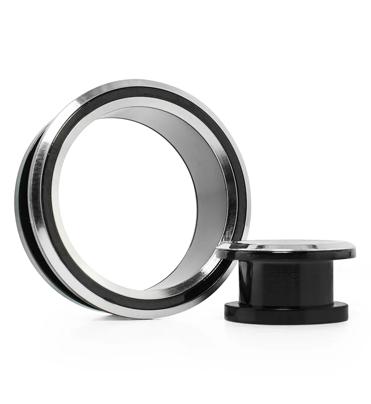 Black & Silver Stainless Steel Screw Back Tunnels - Mrs Treak