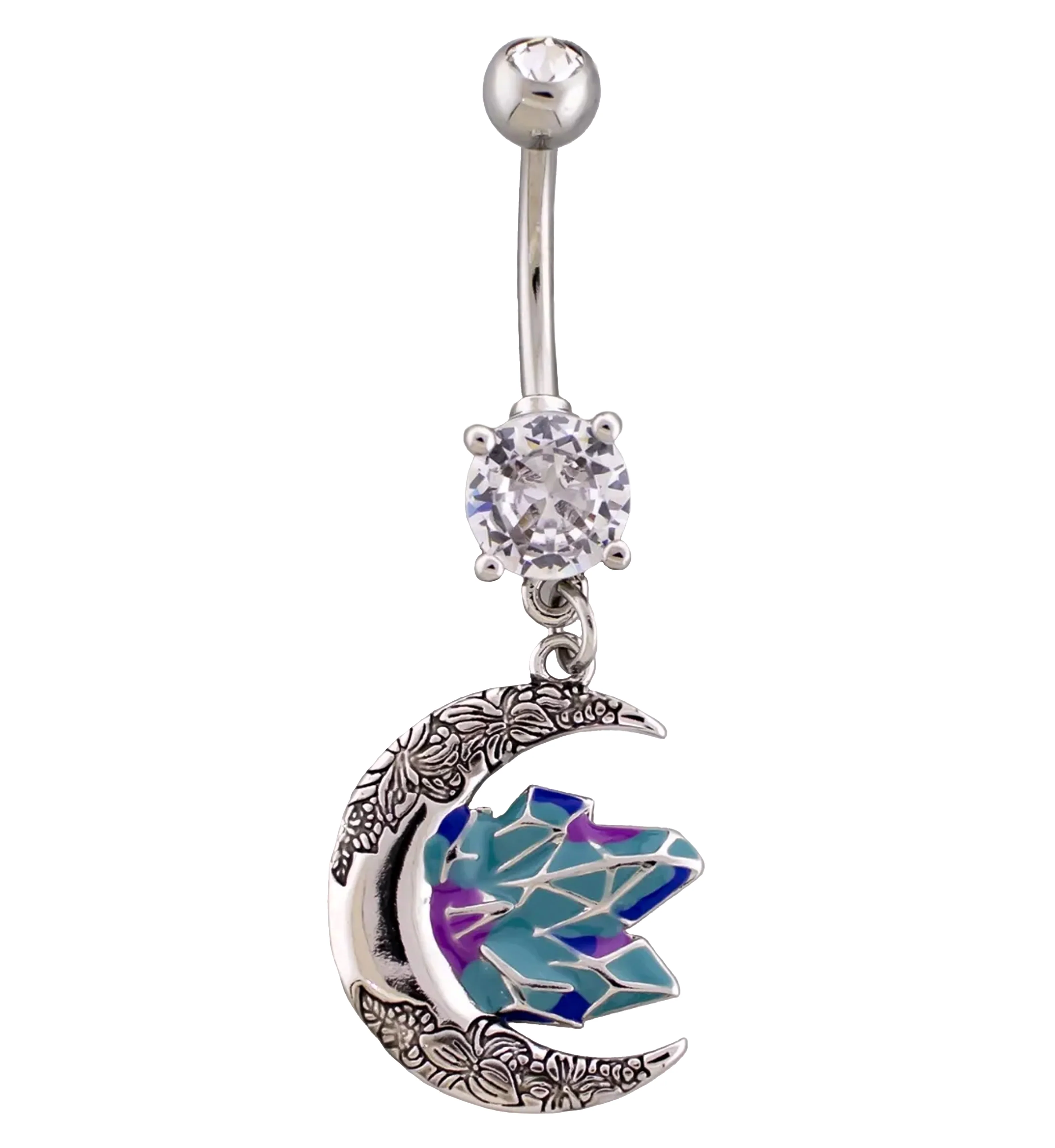 Floral Moon And Crystals Clear CZ Dangle Stainless Steel Belly Button Ring - Mrs Treak