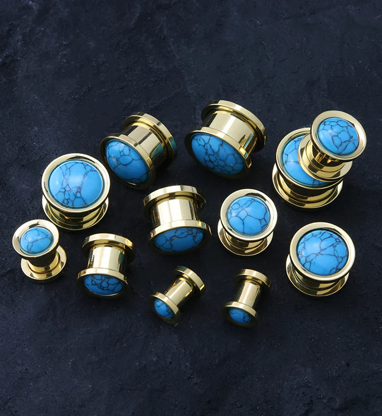 Gold PVD Howlite Turquoise Stone Stainless Steel Plugs - Mrs Treak