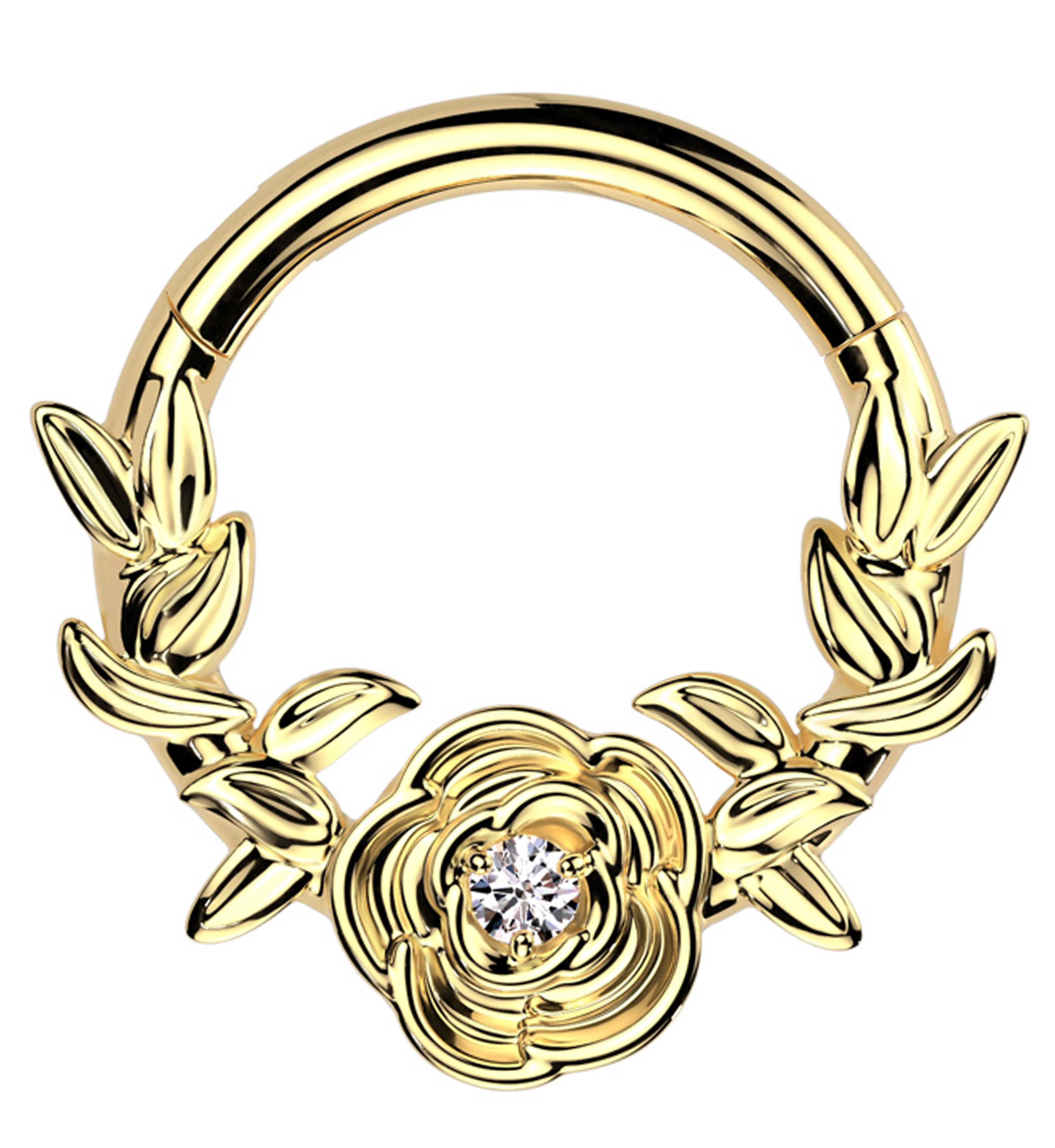 Gold PVD Rosebud Clear CZ Titanium Hinged Segment Ring - Mrs Treak