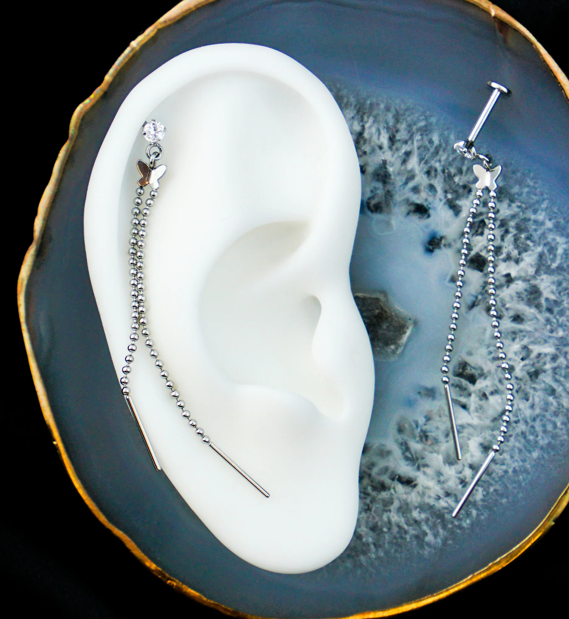 Butterfly Beaded Dangle Chain Stainless Steel Internally Threaded Labret - Mrs Treak