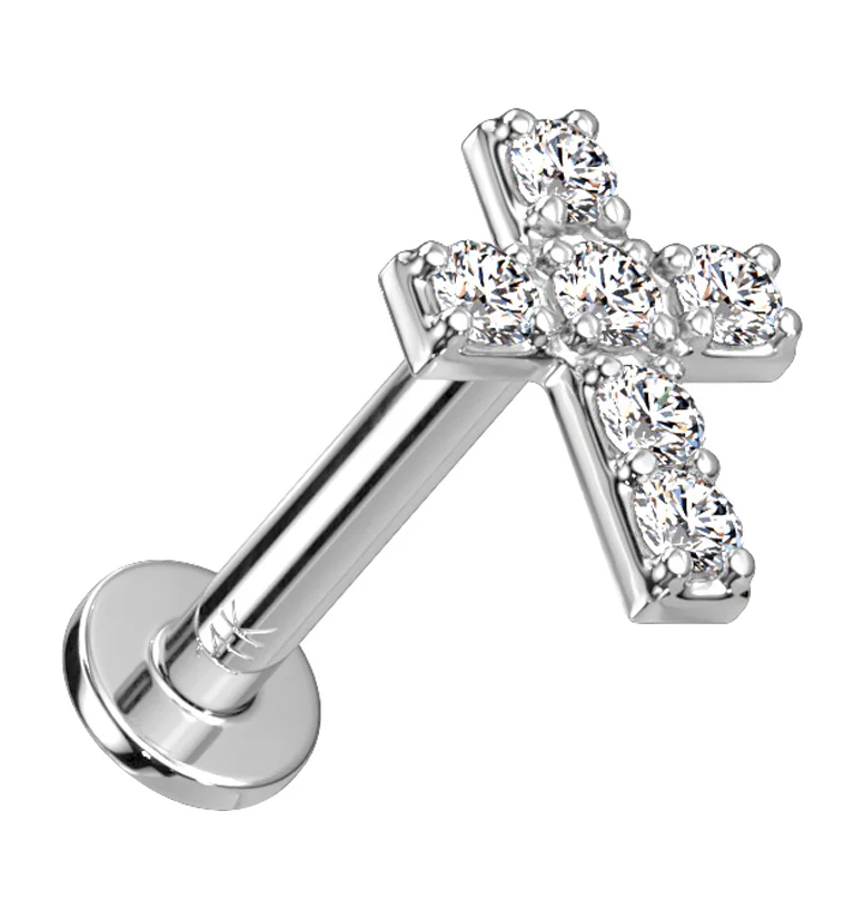 14kt White Gold Cross CZ Threadless Labret - Mrs Treak