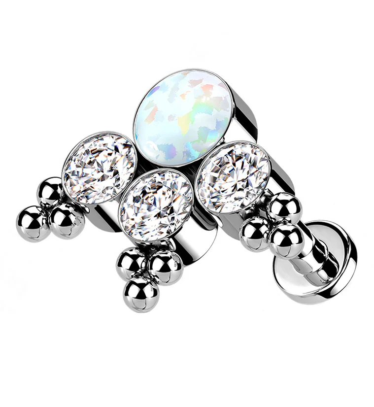 16G Triple Beaded CZ White Opal Titanium Labret Post - Mrs Treak