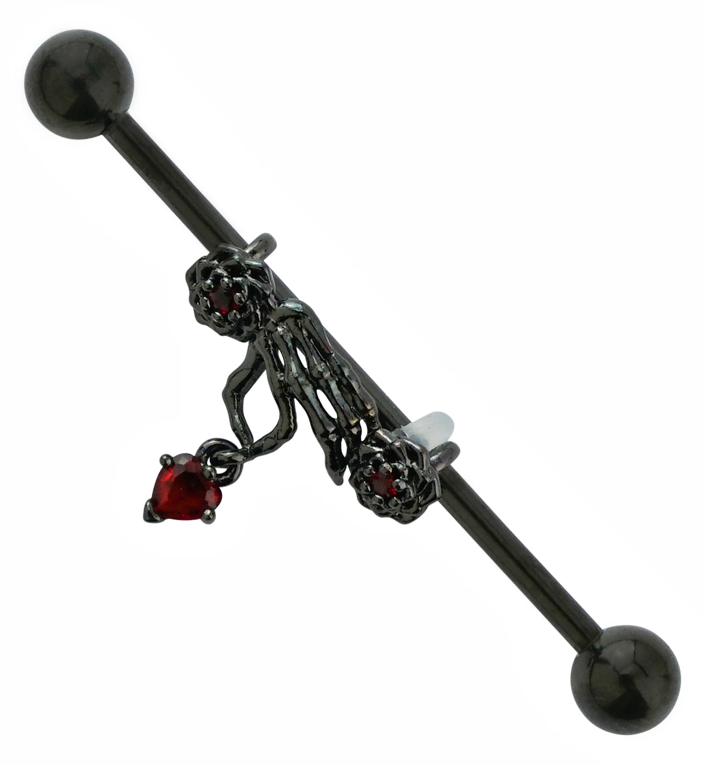 Black PVD Gothic Skeleton Hand Dangle Heart Industrial Barbell - Mrs Treak