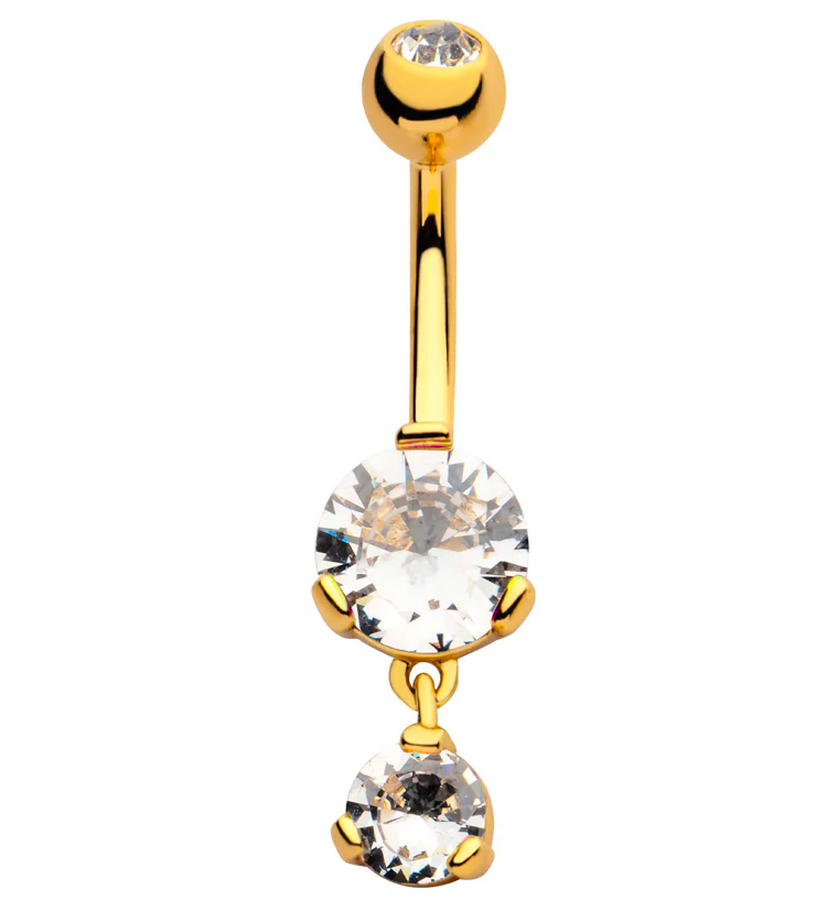 Gold PVD Round Clear CZ Dangle Stainless Steel Belly Button Ring - Mrs Treak