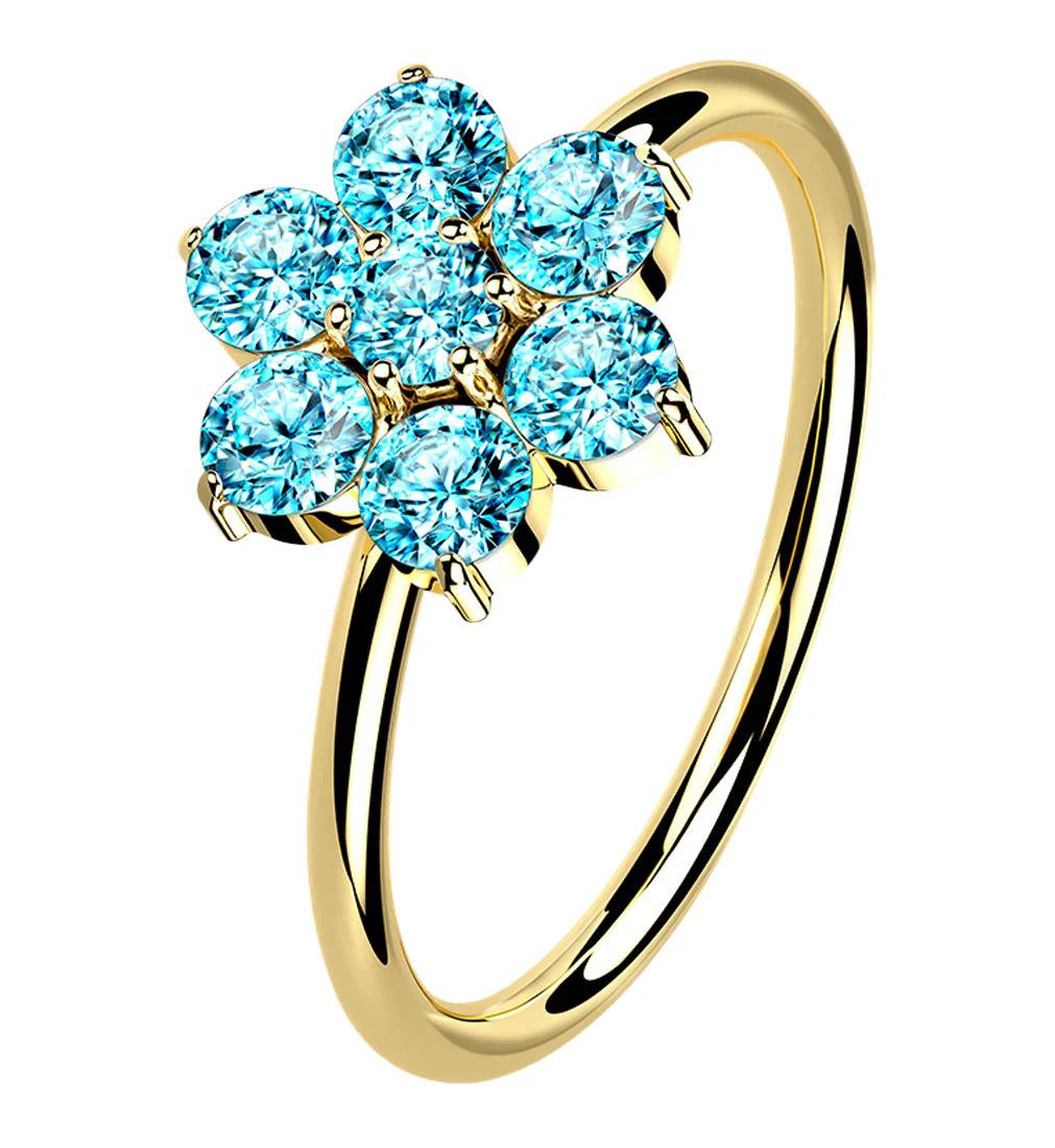 14kt Gold Aqua CZ Gem Flower Hoop Ring - Mrs Treak