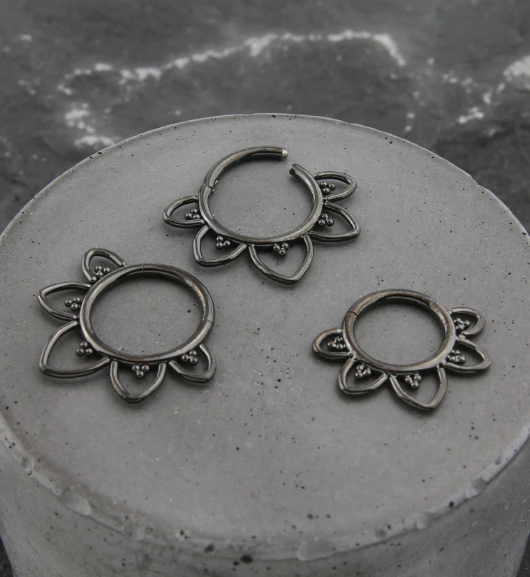 Black PVD Flower Trace Titanium Hinged Segment Ring - Mrs Treak