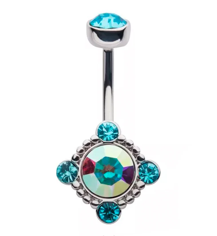 Rainbow Aurora and Aqua CZ Noble Belly Button Ring - Mrs Treak