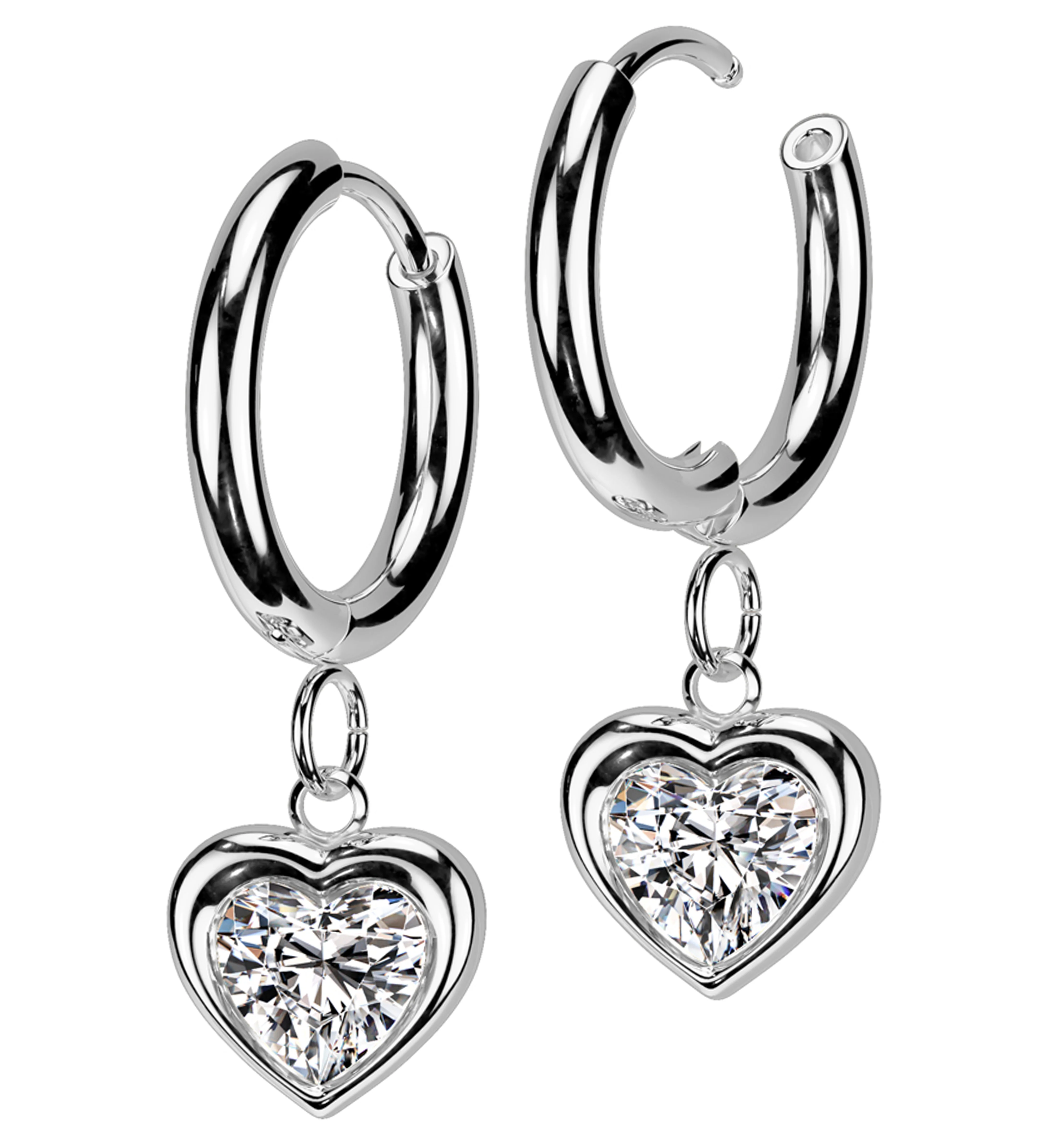 Heart Clear CZ Dangle Stainless Steel Hinged Earrings - Mrs Treak