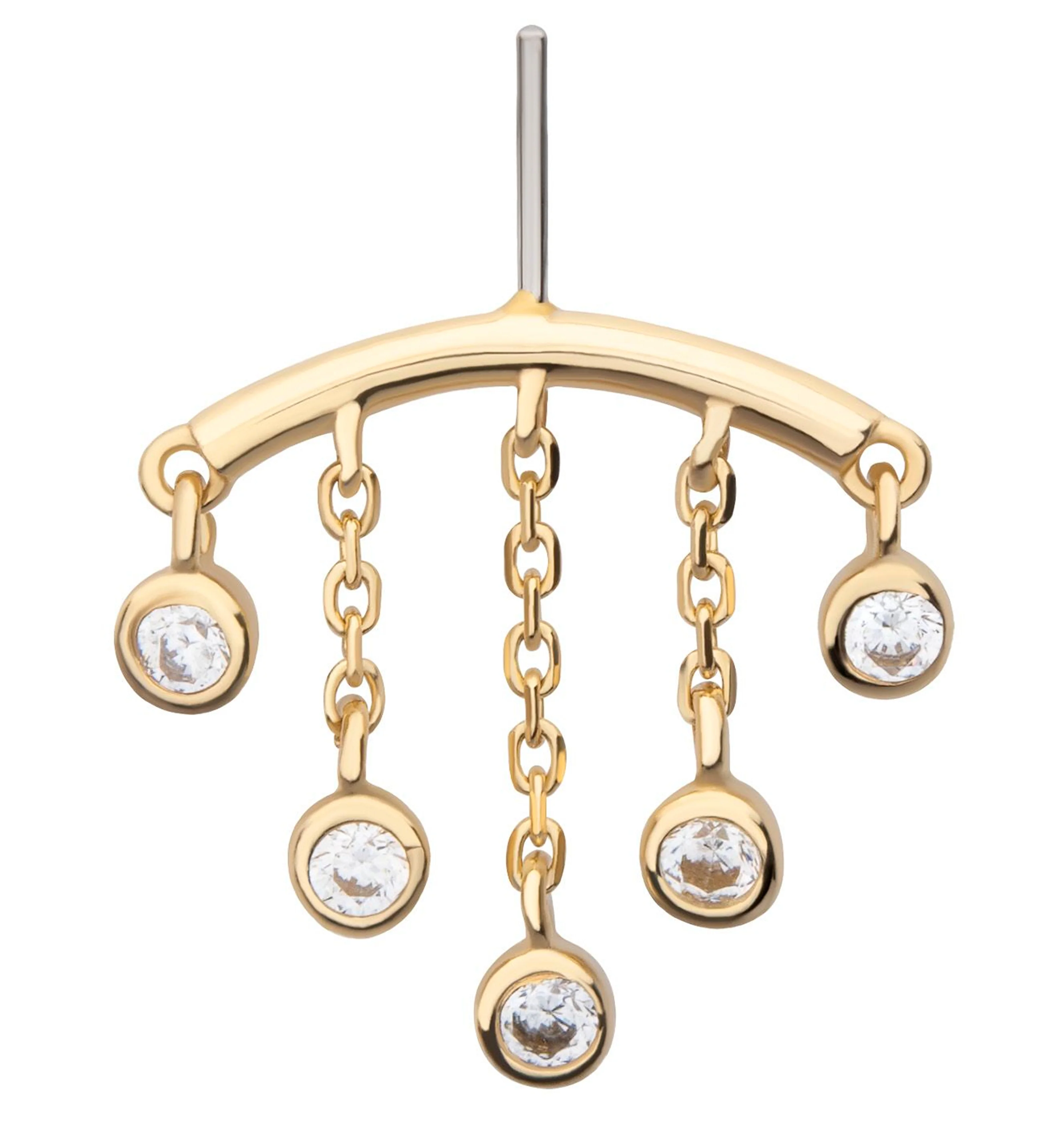 14kt Gold Hidden Curved Bar Five Dangle Clear CZ Threadless Top - Mrs Treak