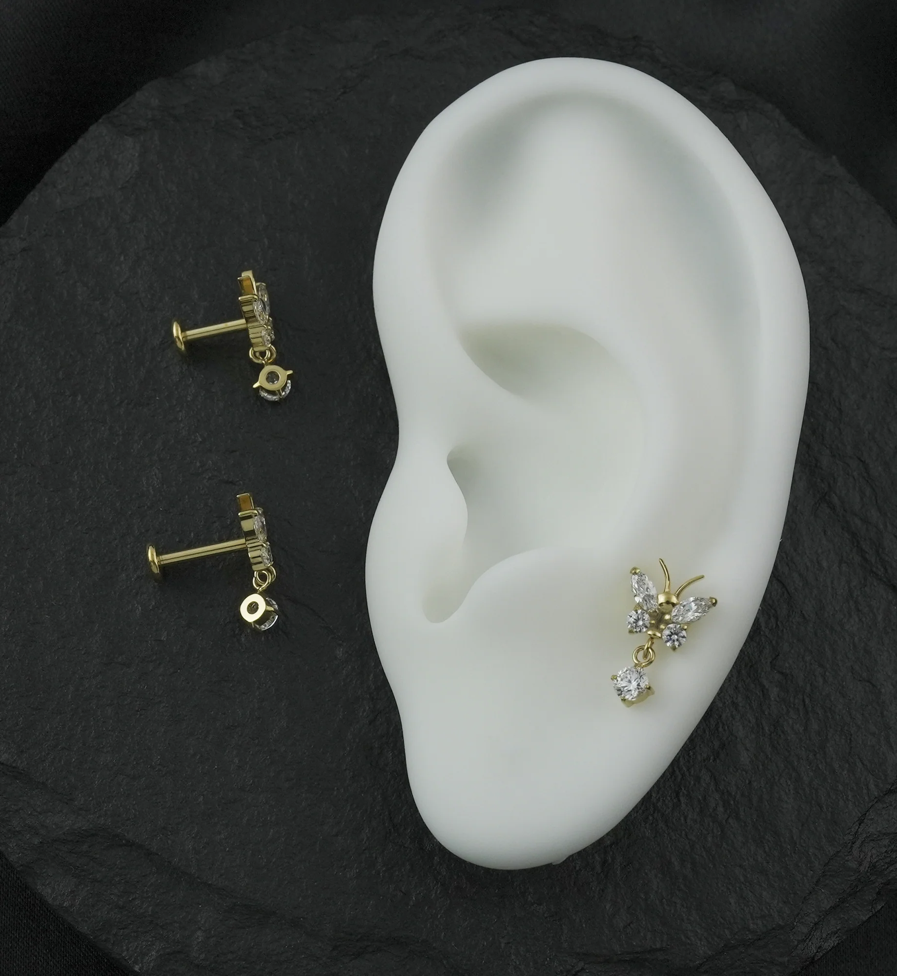 Gold PVD Butterfly Clear CZ Dangle Internally Threaded Titanium Labret - Mrs Treak