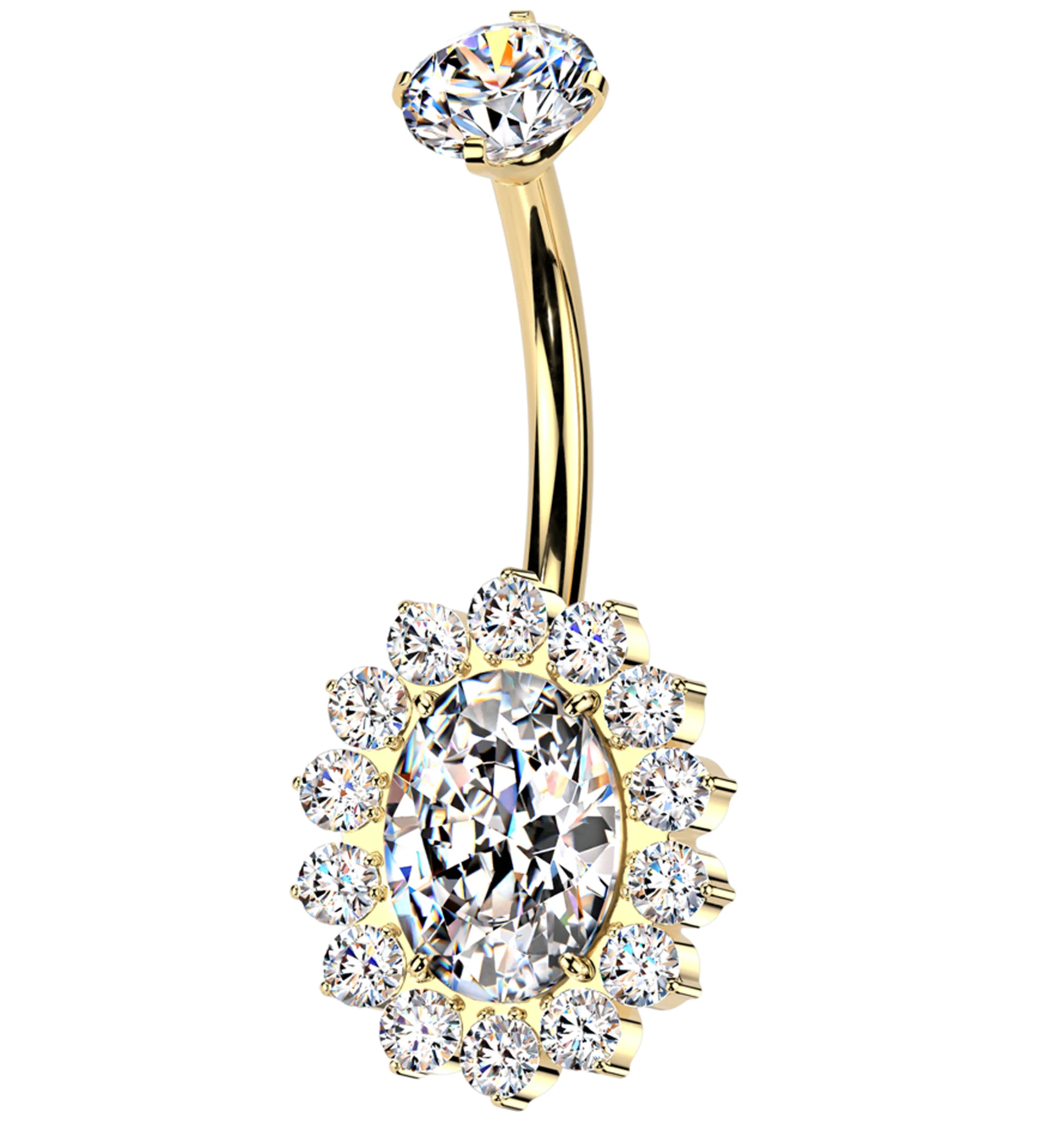 Gold PVD Gild Oval Clear CZ Titanium Internally Threaded Belly Button Ring - Mrs Treak