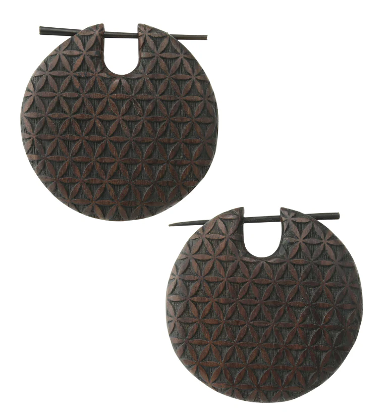 Flower of Life Narra Wood Disk Earrings - Mrs Treak