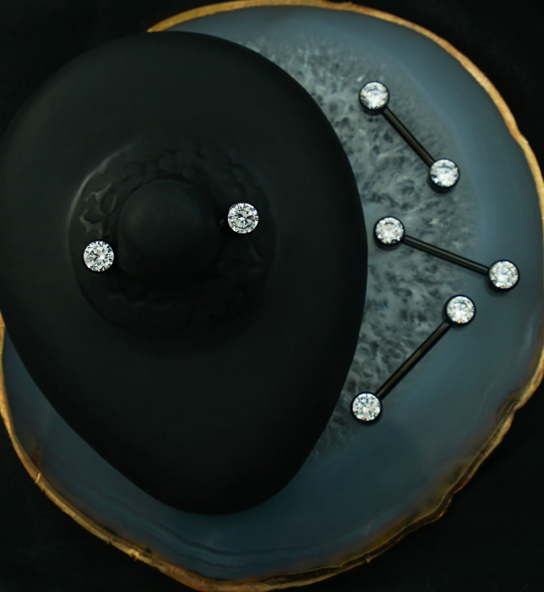 Black PVD Bezel Clear CZ Threadless Titanium Nipple Barbells - Mrs Treak