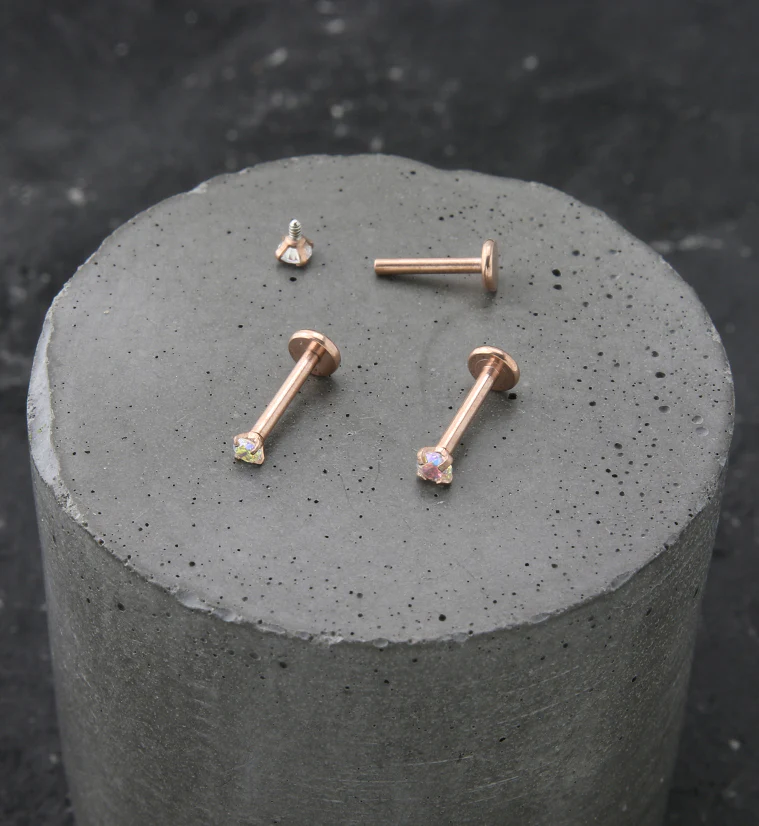 Rose Gold PVD Rainbow Aurora Prong CZ Stainless Steel Internally Threaded Labret - Mrs Treak