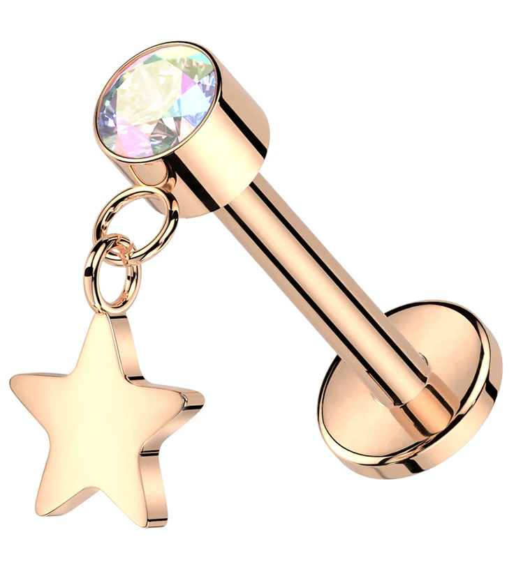 Rose Gold PVD Star Dangle Rainbow Aurora CZ Titanium Threadless Labret - Mrs Treak