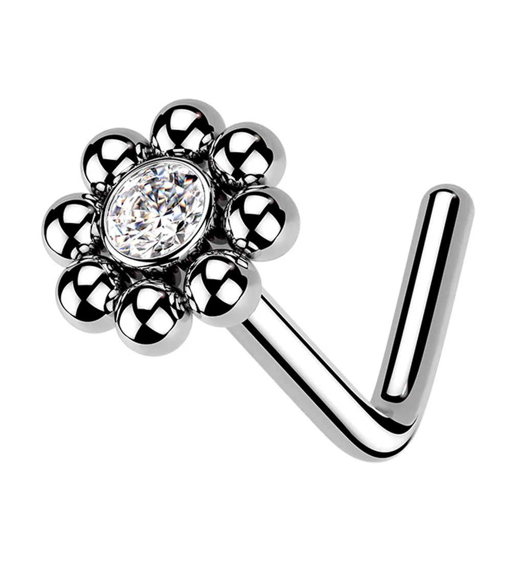 Beaded Flower Clear CZ L Bend Nose Stud - Mrs Treak