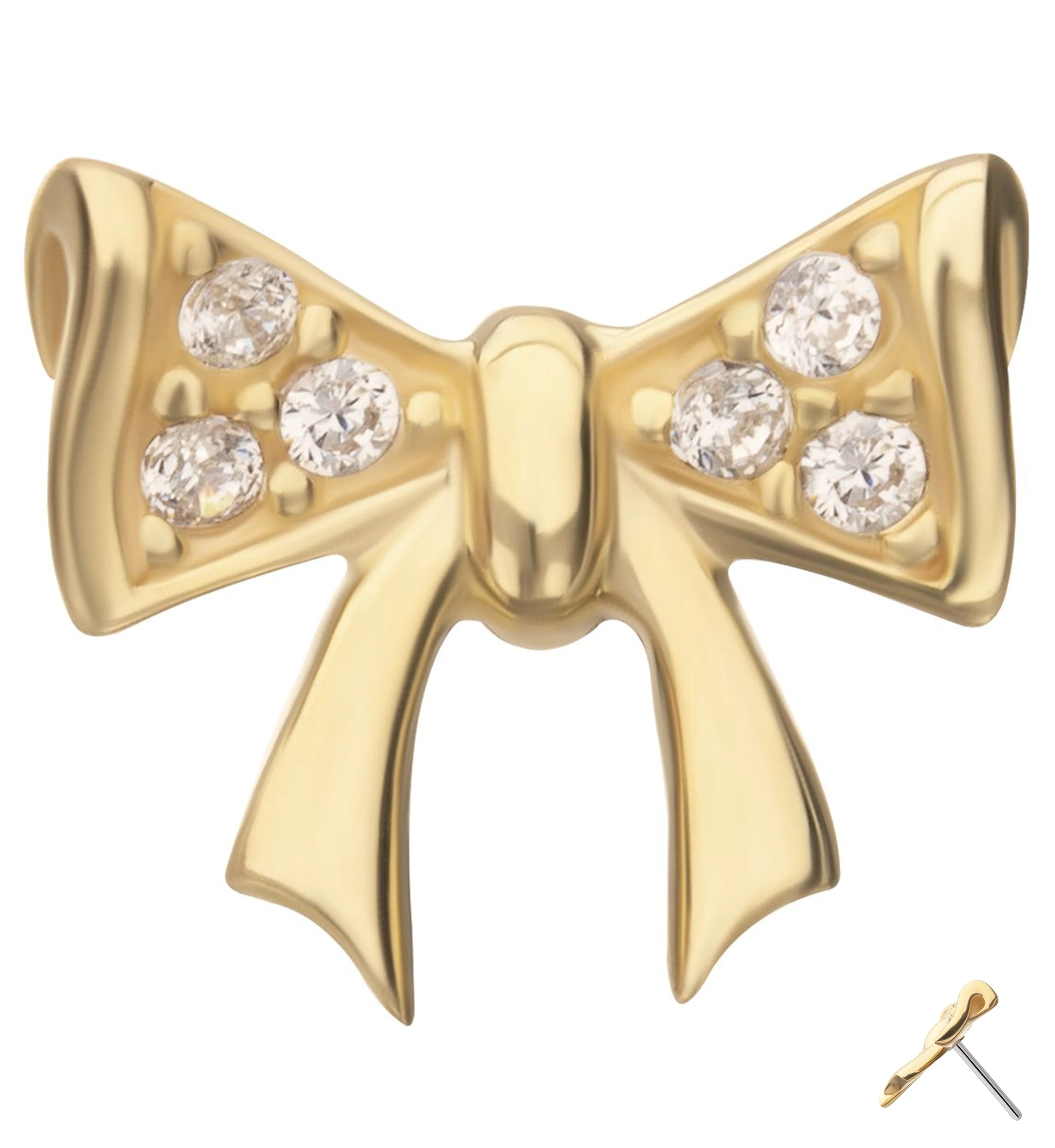 14kt Gold Bow Pave Clear CZ Threadless Top - Mrs Treak